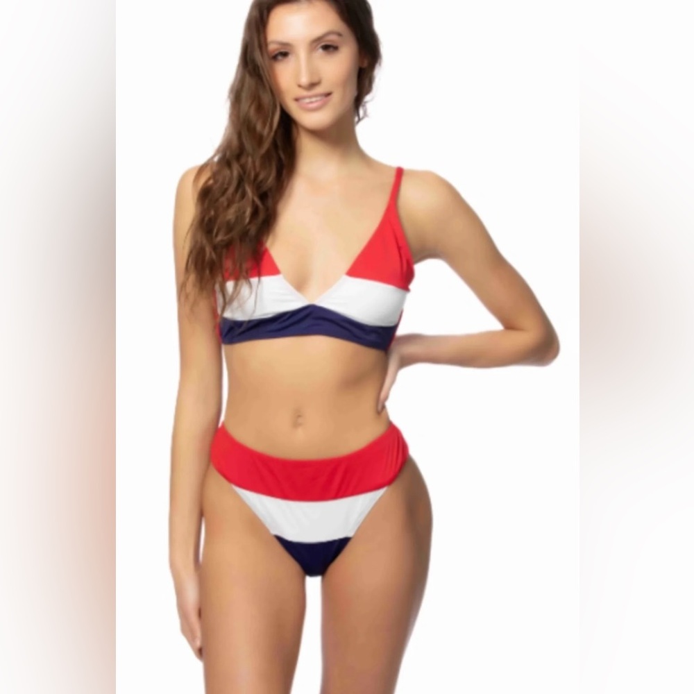 BEACH JOY Red/White/Navy Color Block Bikini Set Medium